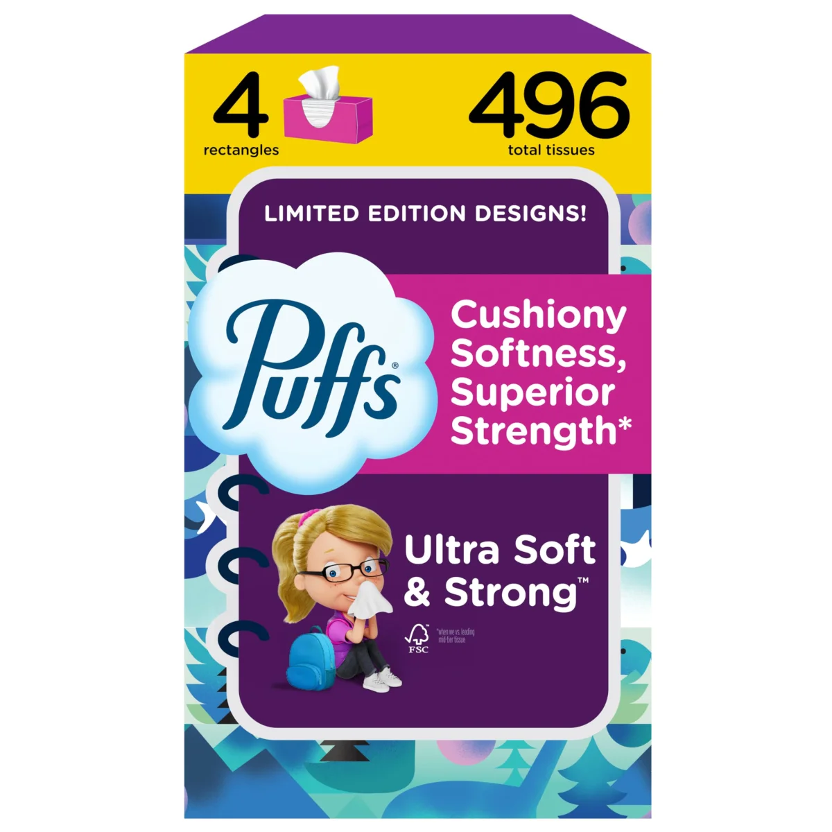 Puffs Ultra Soft Facial Tissues, Non-Lotion Everyday Sniffles, 4 Family Boxes, 124 Tissues Per Box (496 Total Tissues)