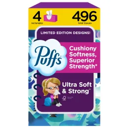 Puffs Ultra Soft Facial Tissues, Non-Lotion Everyday Sniffles, 4 Family Boxes, 124 Tissues Per Box (496 Total Tissues)