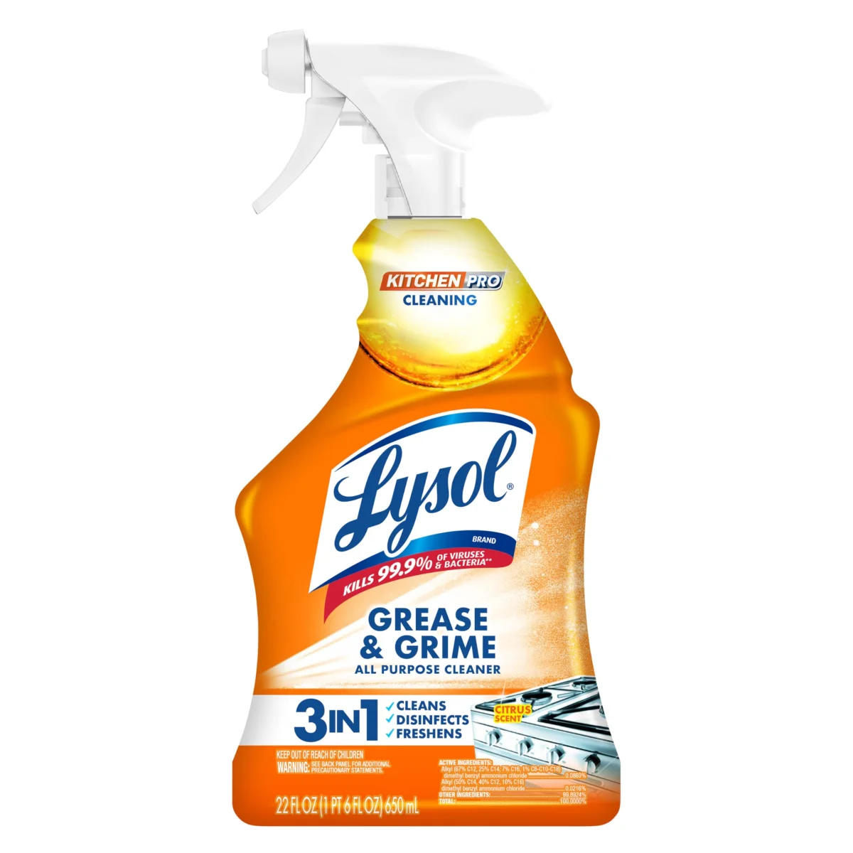 Lysol Kitchen Pro Antibacterial Surface Degreaser and All Purpose Sanitizing Spray for Countertops, Ovens, and Household Appliances, Citrus Scent - 22 Fl Oz