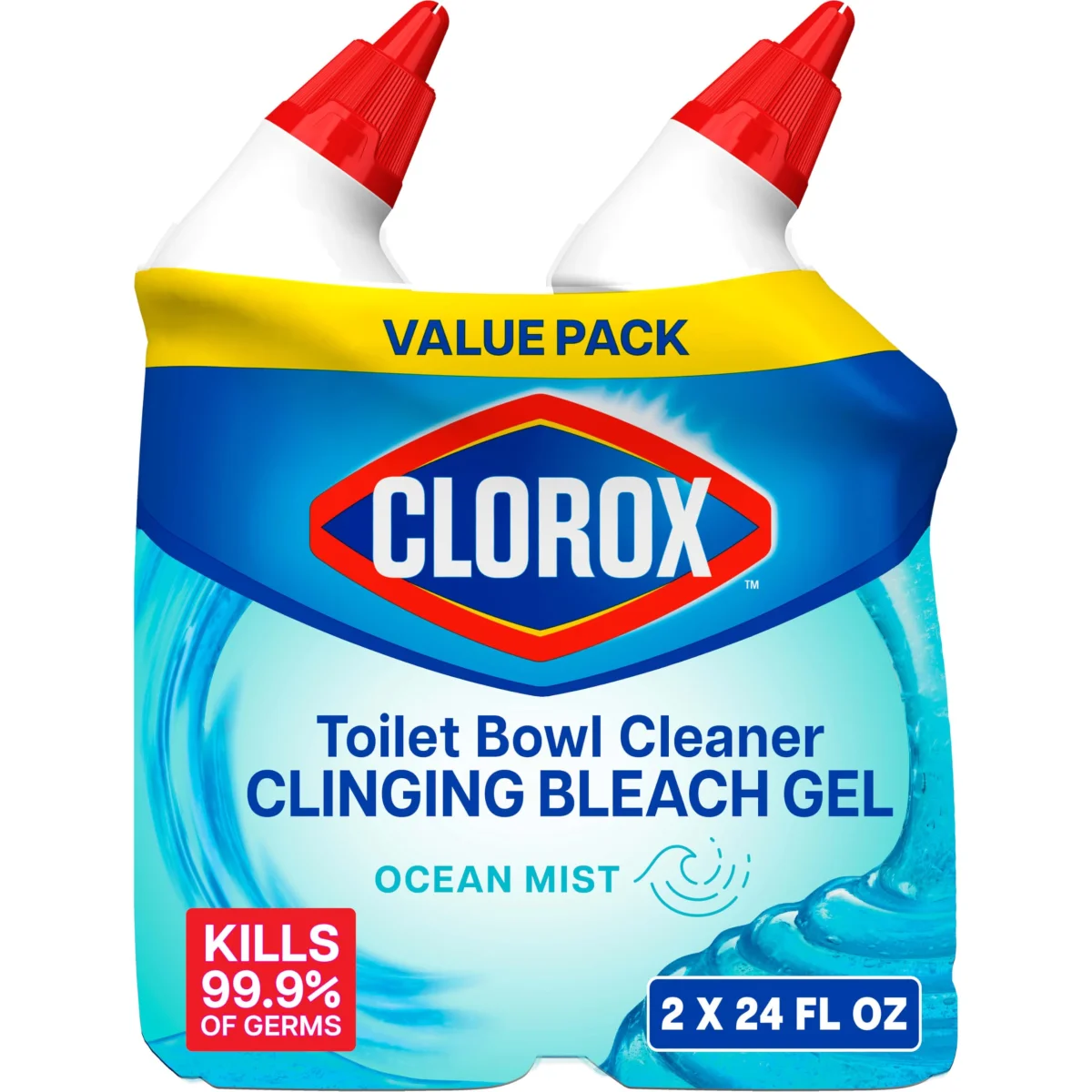 Clorox Disinfecting Toilet Bowl Cleaner Clinging Bleach Gel, Thick Deep Cleaning Liquid to Remove Stains and Germs, Ocean Mist Scent - 24 Fl Oz (2 Bottle Value Pack)