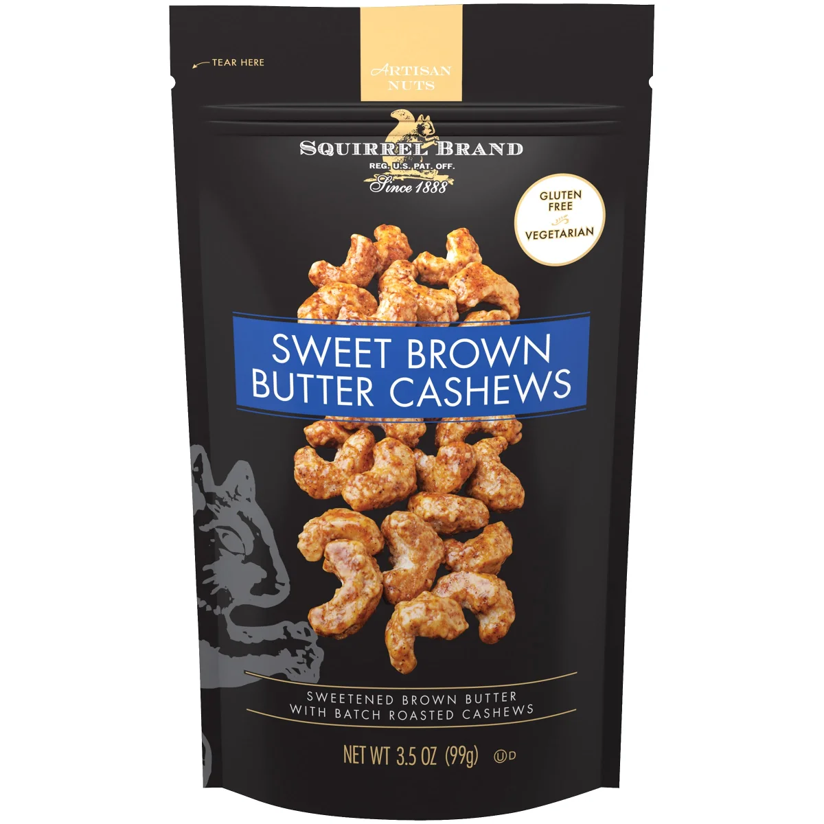 Squirrel Brand Sweet Brown Butter Cashews, Gourmet Glazed Roasted Nuts - 3.5 Oz Resealable Bag