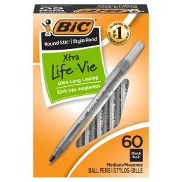BIC Round Stic Xtra Life Black Ballpoint Pens, Medium Point Long-Lasting Writing Pens - 60-Count