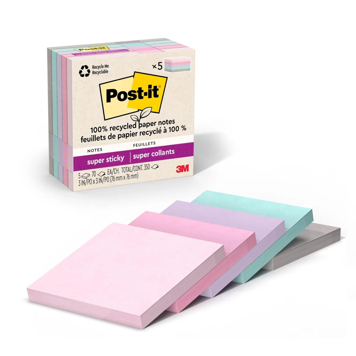 Post-it Super Sticky Recycled Notes, Wanderlust Pastels 3" x 3" Memo Pads - 5 Pads Pack
