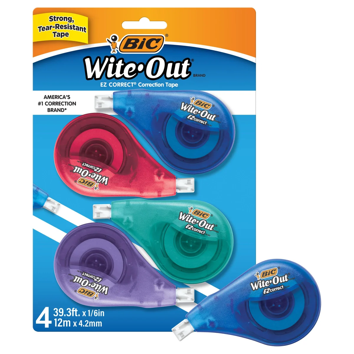 BIC Wite-Out EZ Correct Correction Tape, Tear Resistant 39.3ft White Film - 4 Count Pack