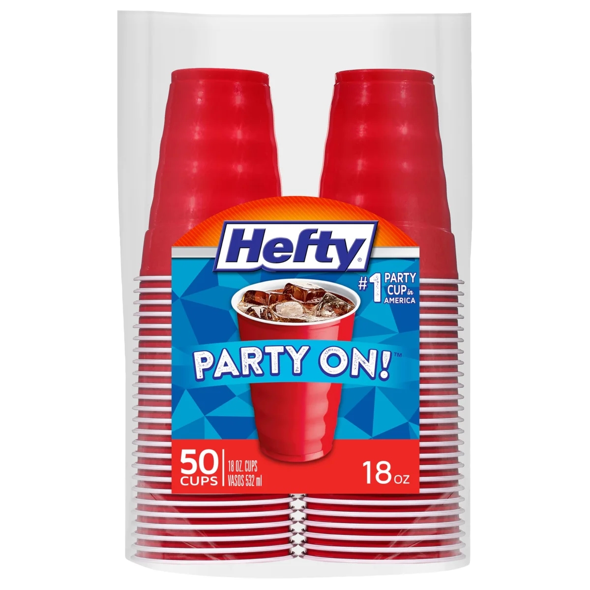 Hefty Party On Disposable Plastic Party Cups, 18 Oz Easy-Grip Red Cups - 50 Count Pack