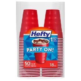 Hefty Party On Disposable Plastic Party Cups, 18 Oz Easy-Grip Red Cups - 50 Count Pack