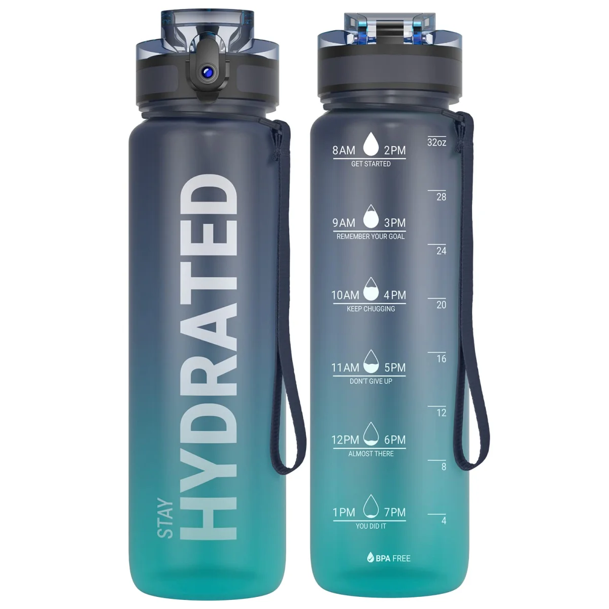 Sahara Sailor 32oz Motivational Water Bottle with Time Marker, Leakproof Tritan Sports Jug - Deep Sea